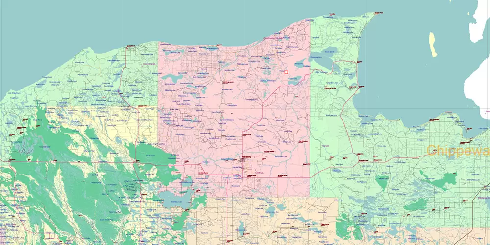 Michigan State US Map Vector Accurate Roads Plan High Detailed Street Map + Counties + Zipcodes editable Adobe Illustrator in layers