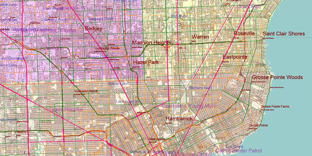 Michigan State US Map Vector Accurate Roads Plan High Detailed Street Map + Counties + Zipcodes editable Adobe Illustrator in layers