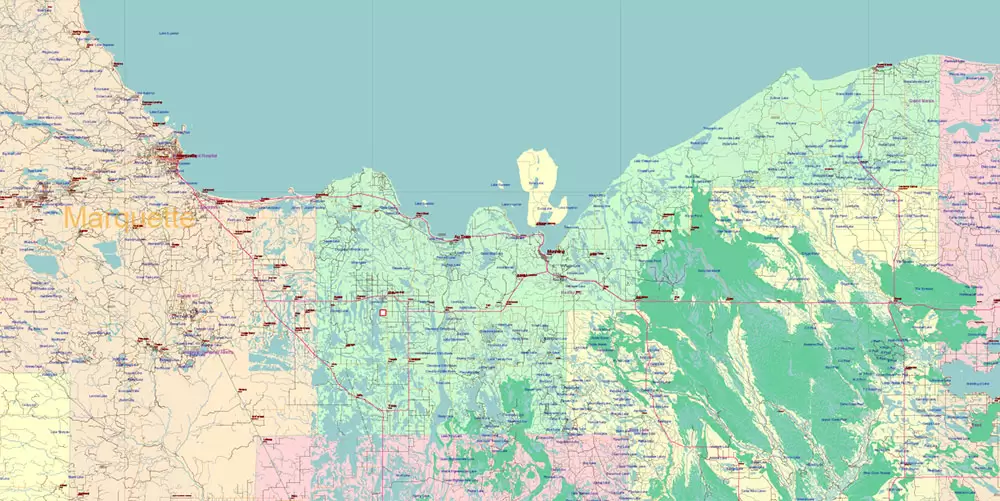 Michigan State US Map Vector Accurate Roads Plan High Detailed Street Map + Counties + Zipcodes editable Adobe Illustrator in layers