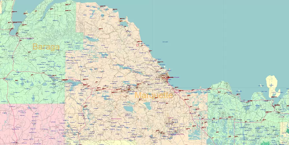 Michigan State US Map Vector Accurate Roads Plan High Detailed Street Map + Counties + Zipcodes editable Adobe Illustrator in layers