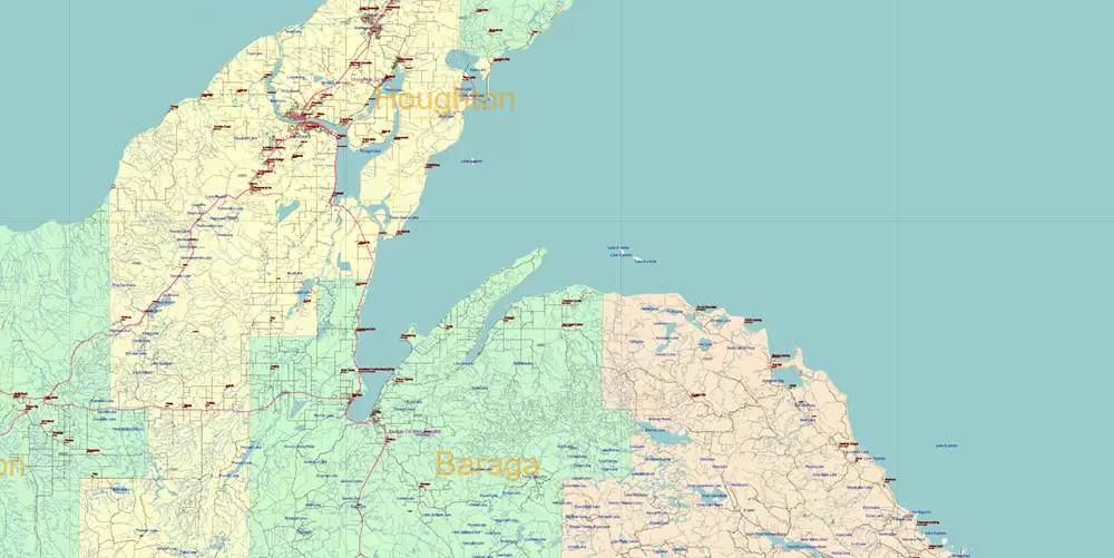 Michigan State US Map Vector Accurate Roads Plan High Detailed Street Map + Counties + Zipcodes editable Adobe Illustrator in layers