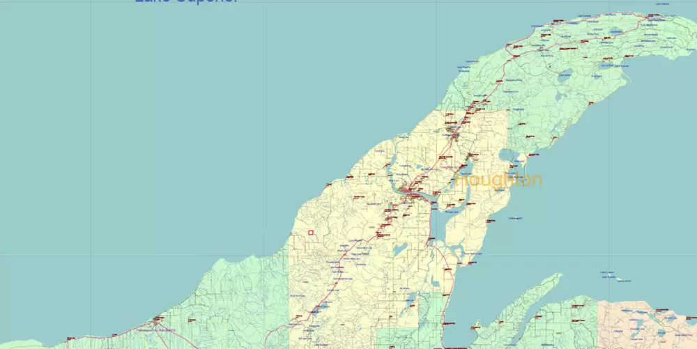 Michigan State US Map Vector Accurate Roads Plan High Detailed Street Map + Counties + Zipcodes editable Adobe Illustrator in layers