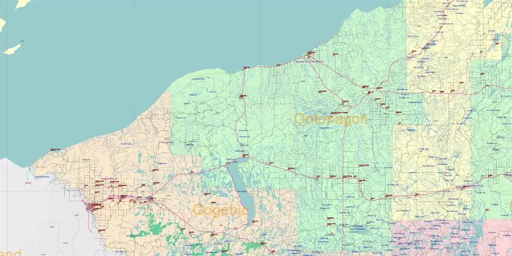 Michigan State US Map Vector Accurate Roads Plan High Detailed Street Map + Counties + Zipcodes editable Adobe Illustrator in layers