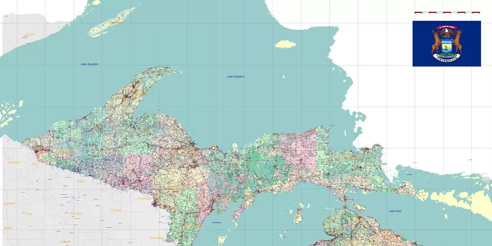 Michigan State US Map Vector Accurate Roads Plan High Detailed Street Map + Counties + Zipcodes editable Adobe Illustrator in layers