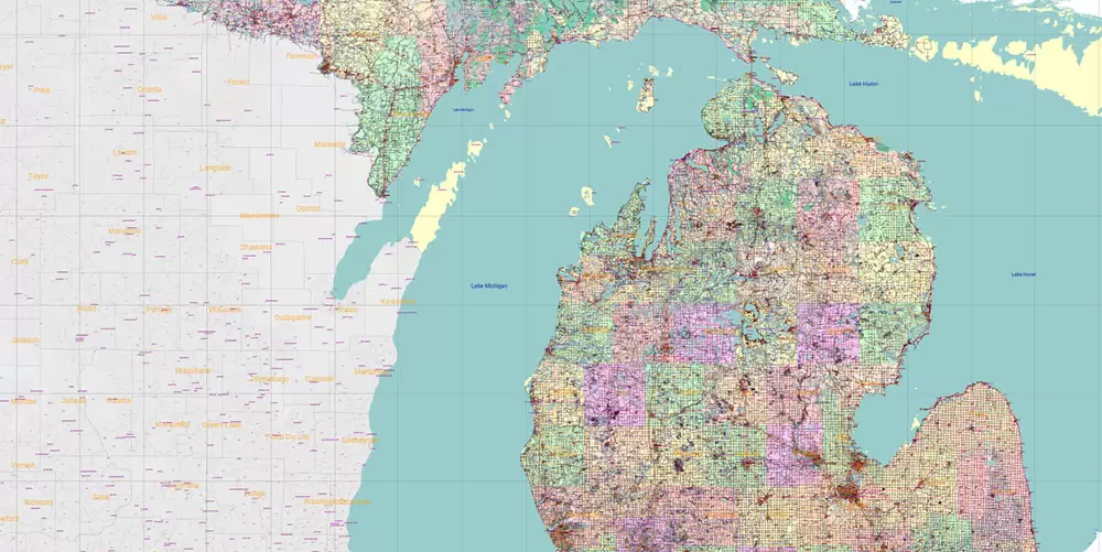 Michigan State US Map Vector Accurate Roads Plan High Detailed Street Map + Counties + Zipcodes editable Adobe Illustrator in layers