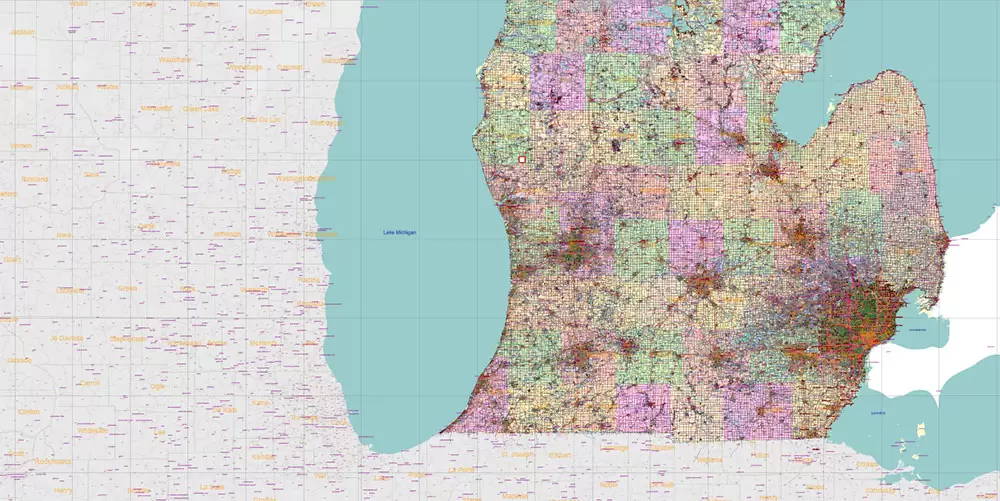Michigan State US Map Vector Accurate Roads Plan High Detailed Street Map + Counties + Zipcodes editable Adobe Illustrator in layers