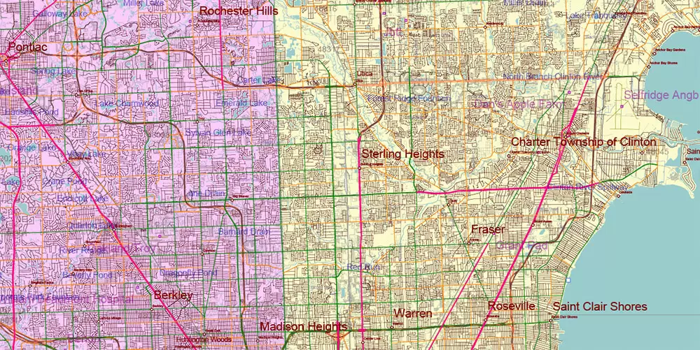 Michigan State US Map Vector Accurate Roads Plan High Detailed Street Map + Counties + Zipcodes editable Adobe Illustrator in layers