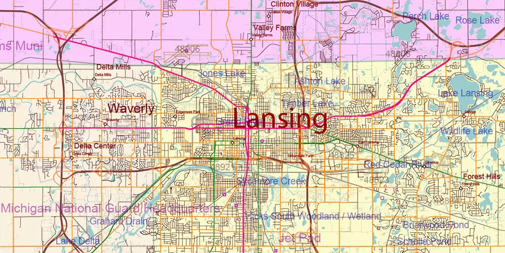 Michigan State US Map Vector Accurate Roads Plan High Detailed Street Map + Counties + Zipcodes editable Adobe Illustrator in layers