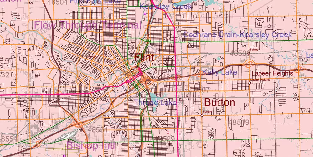 Michigan State US Map Vector Accurate Roads Plan High Detailed Street Map + Counties + Zipcodes editable Adobe Illustrator in layers