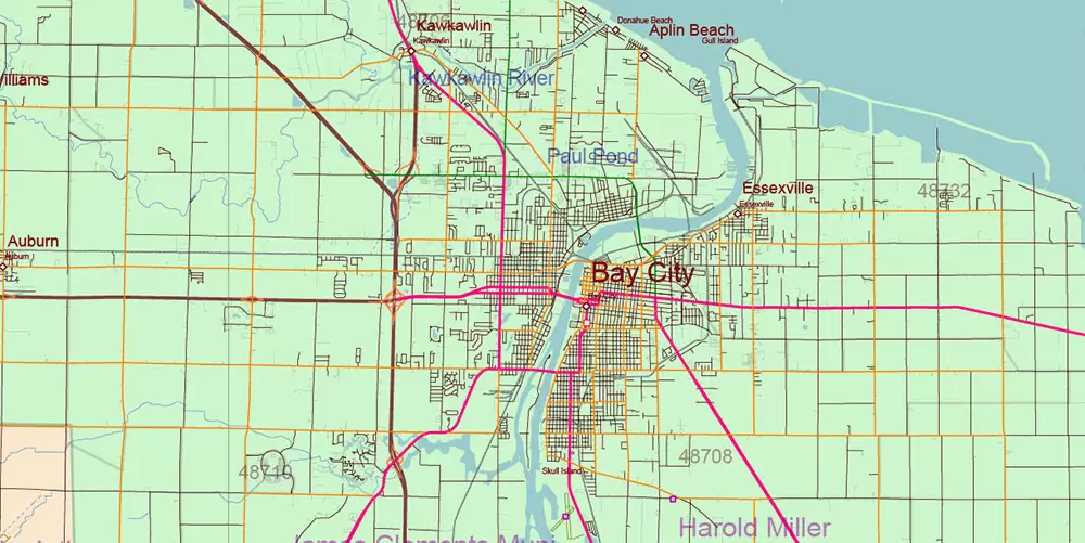 Michigan State US Map Vector Accurate Roads Plan High Detailed Street Map + Counties + Zipcodes editable Adobe Illustrator in layers