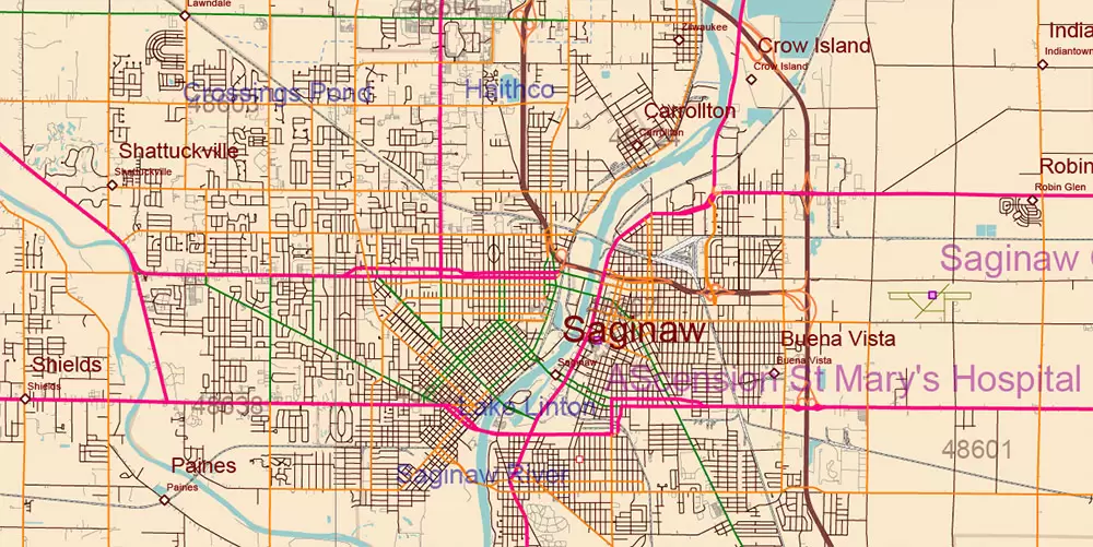 Michigan State US Map Vector Accurate Roads Plan High Detailed Street Map + Counties + Zipcodes editable Adobe Illustrator in layers