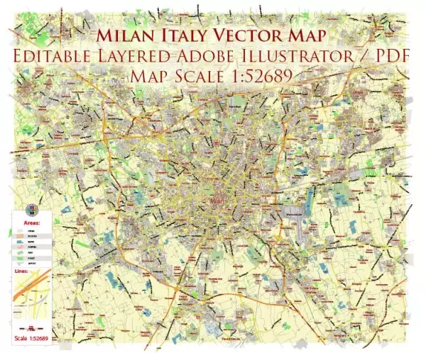 Milan Italy Map Vector City Plan Low Detailed (for small print size) Street Map editable Adobe Illustrator in layers