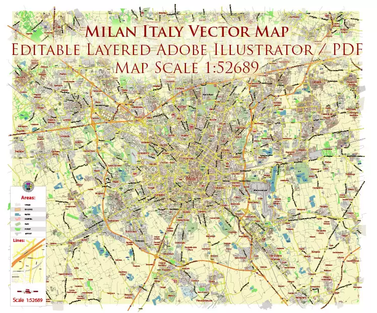 Milan Italy PDF Vector Map: City Plan Low Detailed (for small print size) Street Map editable Adobe PDF in layers