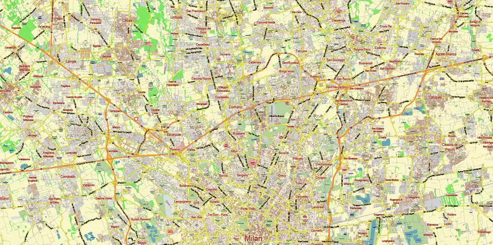 Milan Italy PDF Vector Map: City Plan Low Detailed (for small print size) Street Map editable Adobe PDF in layers