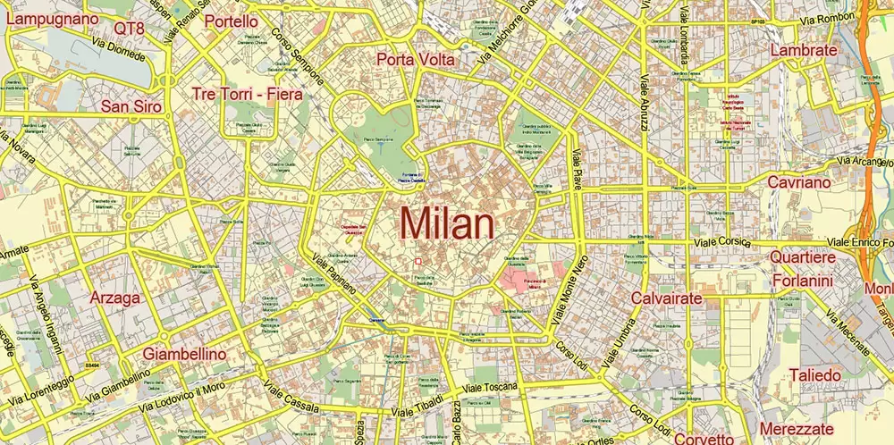 Milan Italy PDF Vector Map: City Plan Low Detailed (for small print size) Street Map editable Adobe PDF in layers