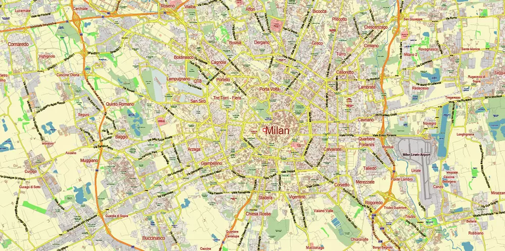 Milan Italy PDF Vector Map: City Plan Low Detailed (for small print size) Street Map editable Adobe PDF in layers