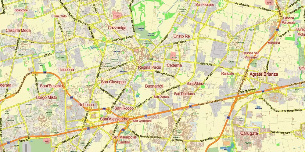 Milan Italy PDF Vector Map: City Plan Low Detailed (for small print size) Street Map editable Adobe PDF in layers