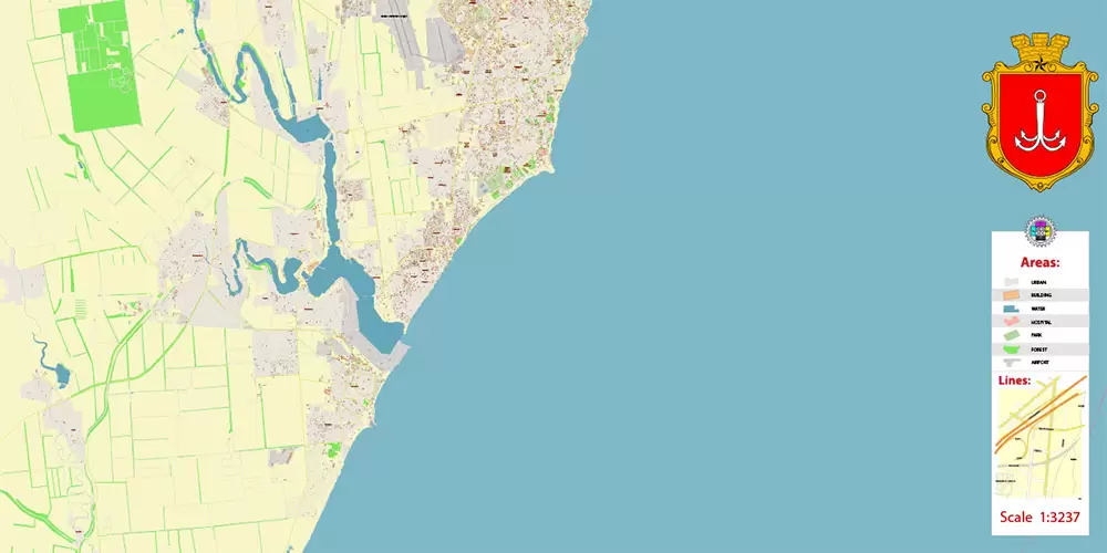 Odesa Ukraine Map Vector Exact City Plan High Detailed Street Map editable Adobe Illustrator in layers