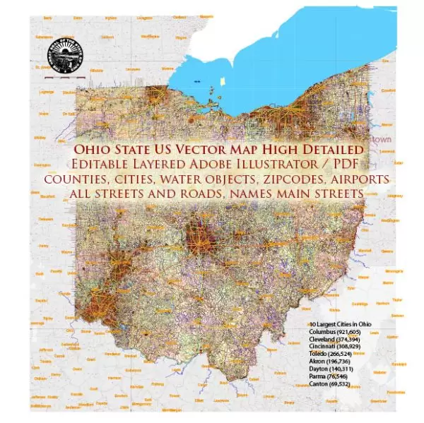 Ohio State US Map Vector Exact Roads Plan High Detailed Street Map + Counties + Zipcodes editable Adobe Illustrator in layers