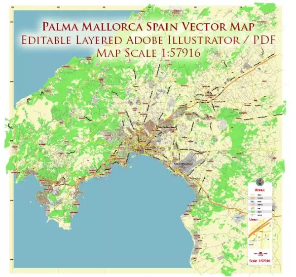 Palma Mallorca Spain Map Vector City Plan Low Detailed (for small print size) Street Map editable Adobe Illustrator in layers