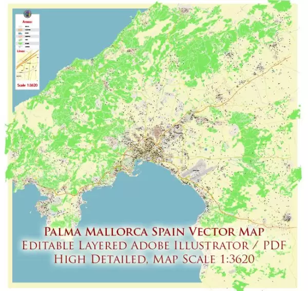 Palma Mallorca Spain Map Vector City Plan High Detailed Street Map editable Adobe Illustrator in layers