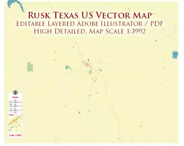 Rusk Texas US Map Vector High Detailed editable Adobe Illustrator in layers