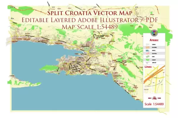 Split Croatia Map Vector City Plan Low Detailed (for small print size) Street Map editable Adobe Illustrator in layers