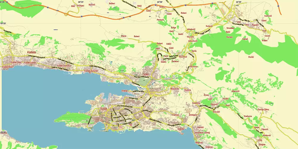 Split Croatia Map Vector City Plan Low Detailed (for small print size) Street Map editable Adobe Illustrator in layers
