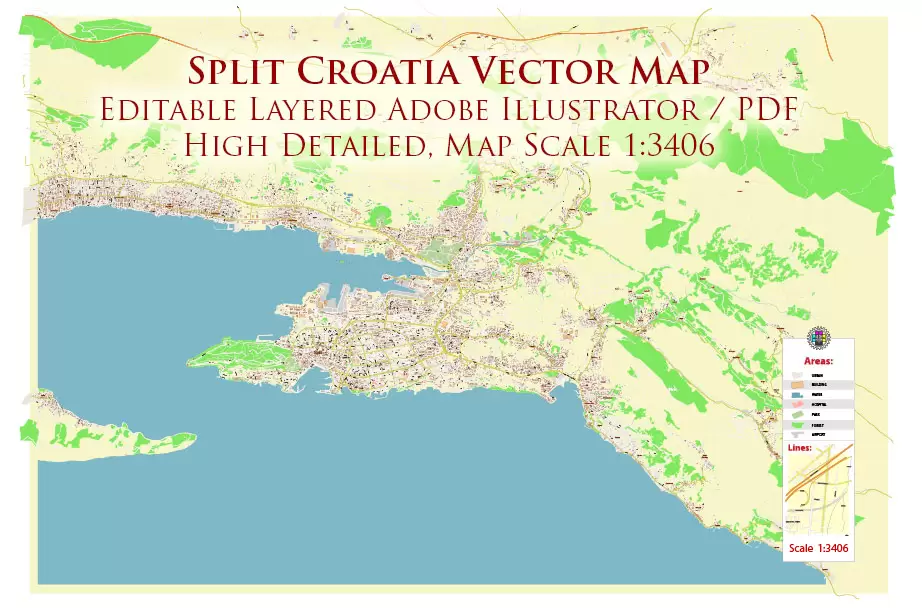 Split Croatia PDF Vector Map: City Plan High Detailed Street Map editable Adobe PDF in layers