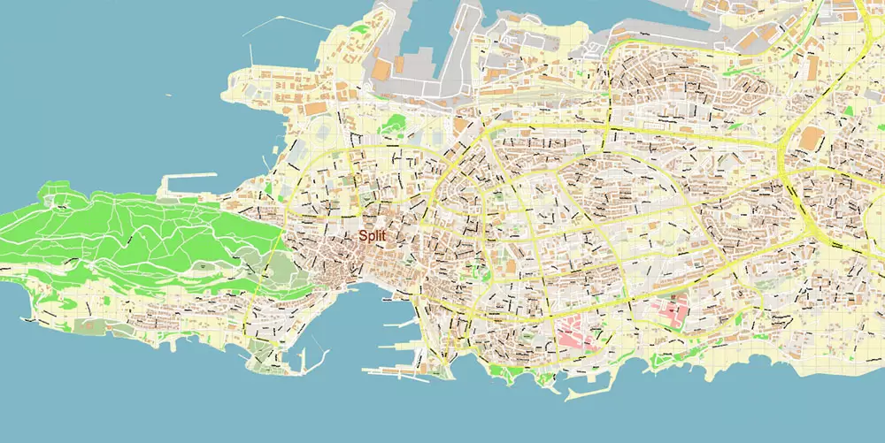 Split Croatia PDF Vector Map: City Plan High Detailed Street Map editable Adobe PDF in layers