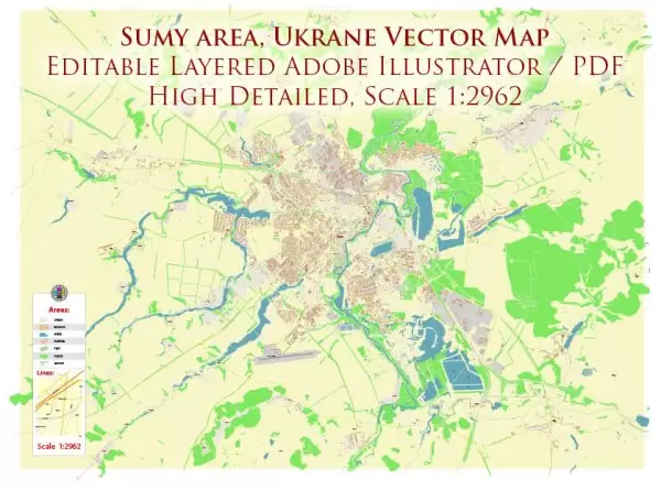 Sumy Ukraine Map Vector Exact City Plan High Detailed Street Map editable Adobe Illustrator in layers