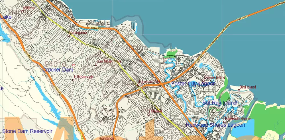California State US PDF Vector Map: Exact Roads Plan High Detailed Street Map + Counties + Zipcodes editable Adobe PDF in layers