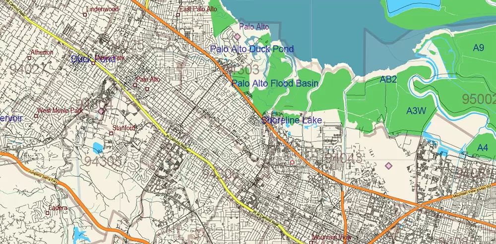 California State US PDF Vector Map: Exact Roads Plan High Detailed Street Map + Counties + Zipcodes editable Adobe PDF in layers