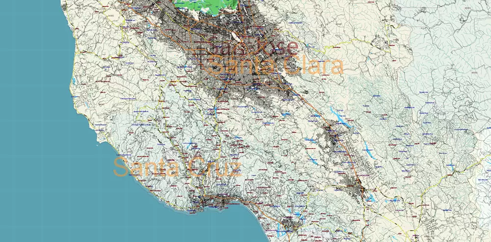 California State US PDF Vector Map: Exact Roads Plan High Detailed Street Map + Counties + Zipcodes editable Adobe PDF in layers