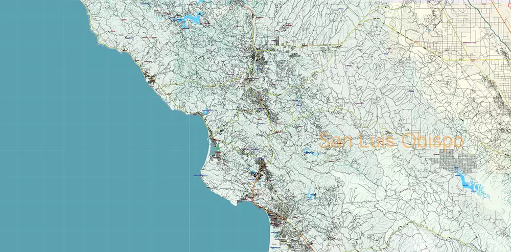 California State US PDF Vector Map: Exact Roads Plan High Detailed Street Map + Counties + Zipcodes editable Adobe PDF in layers
