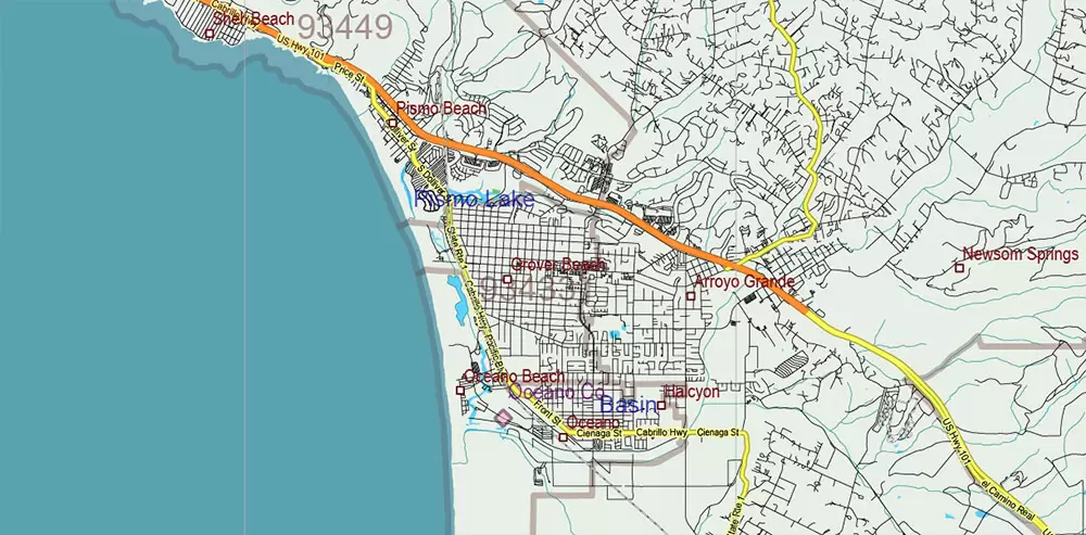 California State US PDF Vector Map: Exact Roads Plan High Detailed Street Map + Counties + Zipcodes editable Adobe PDF in layers