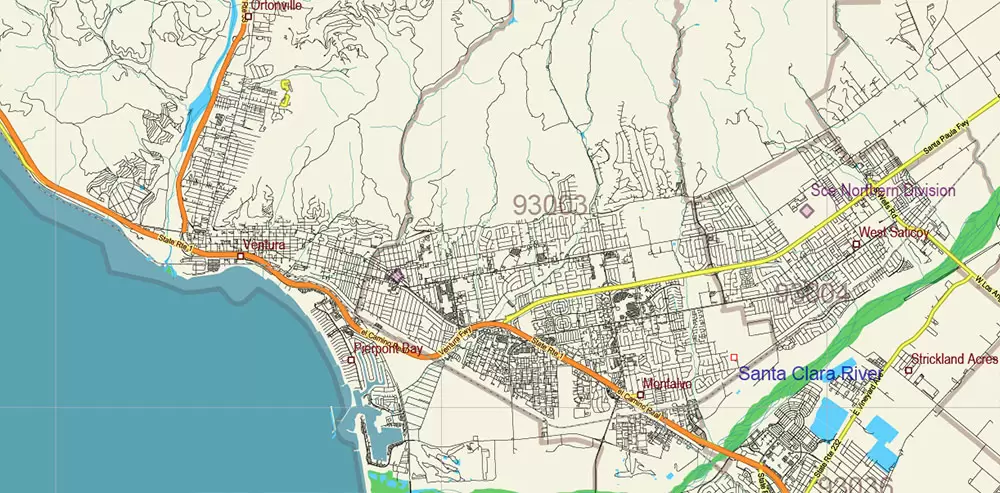 California State US PDF Vector Map: Exact Roads Plan High Detailed Street Map + Counties + Zipcodes editable Adobe PDF in layers