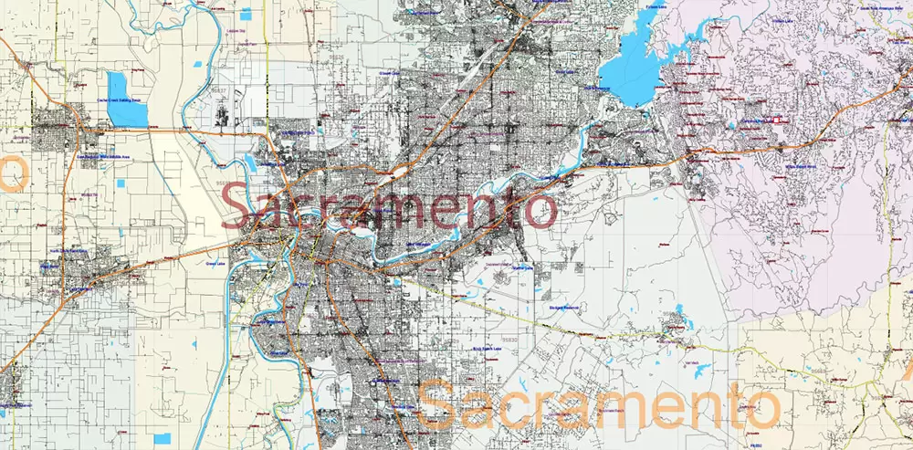 California State US PDF Vector Map: Exact Roads Plan High Detailed Street Map + Counties + Zipcodes editable Adobe PDF in layers