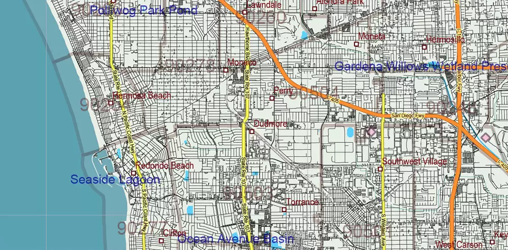 California State US PDF Vector Map: Exact Roads Plan High Detailed Street Map + Counties + Zipcodes editable Adobe PDF in layers
