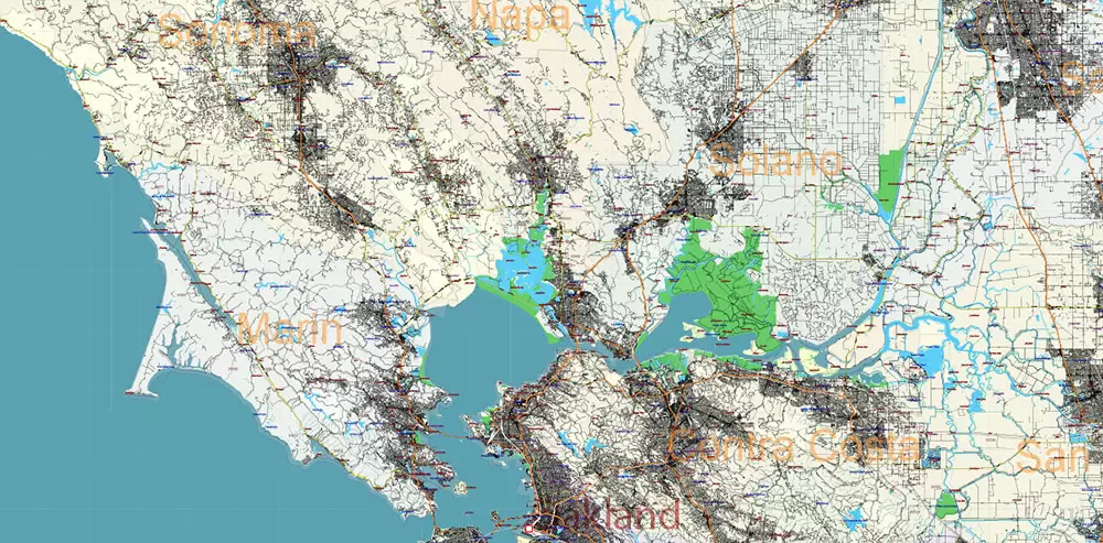 California State US PDF Vector Map: Exact Roads Plan High Detailed Street Map + Counties + Zipcodes editable Adobe PDF in layers