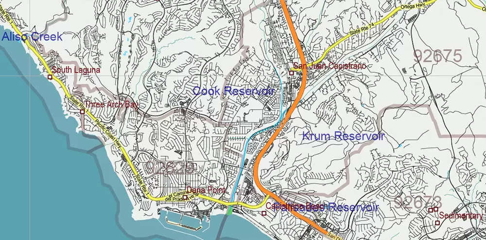 California State US PDF Vector Map: Exact Roads Plan High Detailed Street Map + Counties + Zipcodes editable Adobe PDF in layers