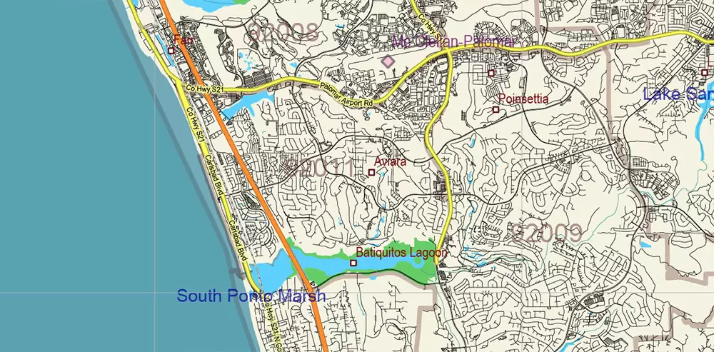 California State US PDF Vector Map: Exact Roads Plan High Detailed Street Map + Counties + Zipcodes editable Adobe PDF in layers