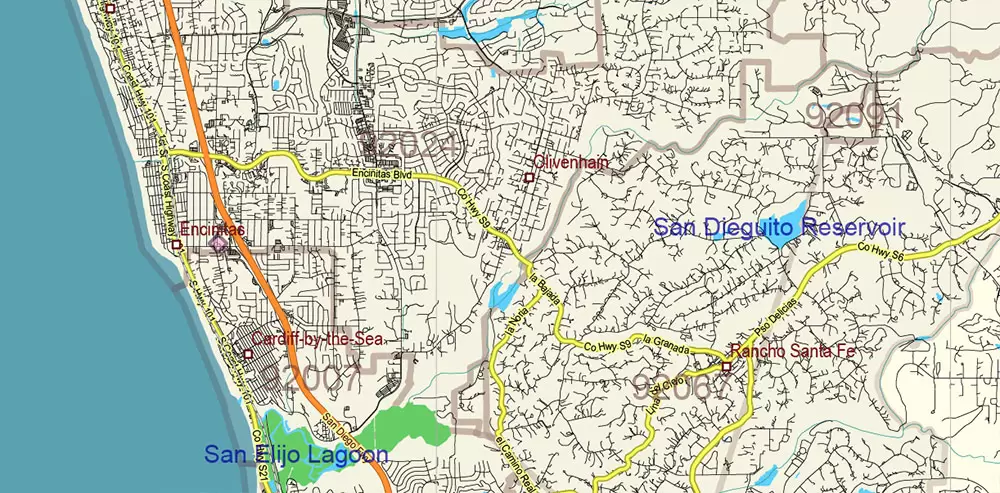 California State US PDF Vector Map: Exact Roads Plan High Detailed Street Map + Counties + Zipcodes editable Adobe PDF in layers