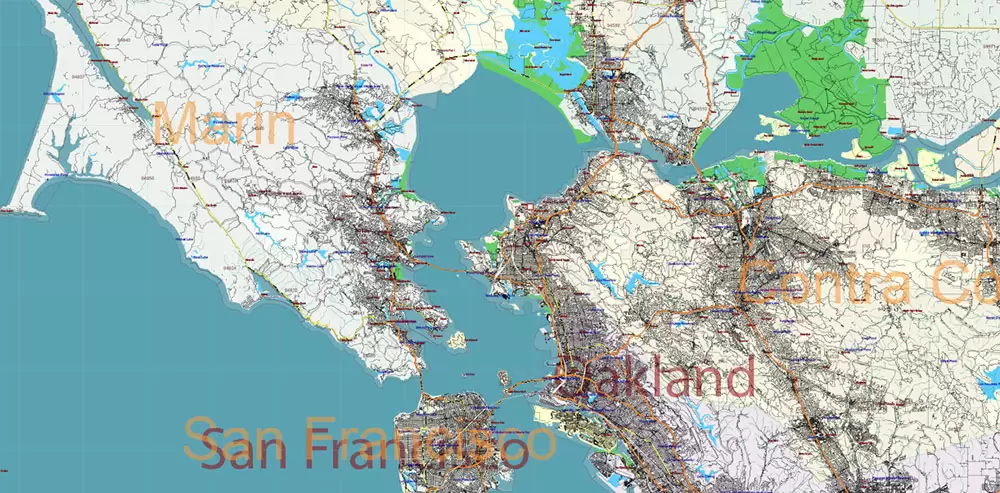 _California State US PDF Vector Map: Exact Roads Plan High Detailed Street Map + Counties + Zipcodes editable Adobe PDF in layers