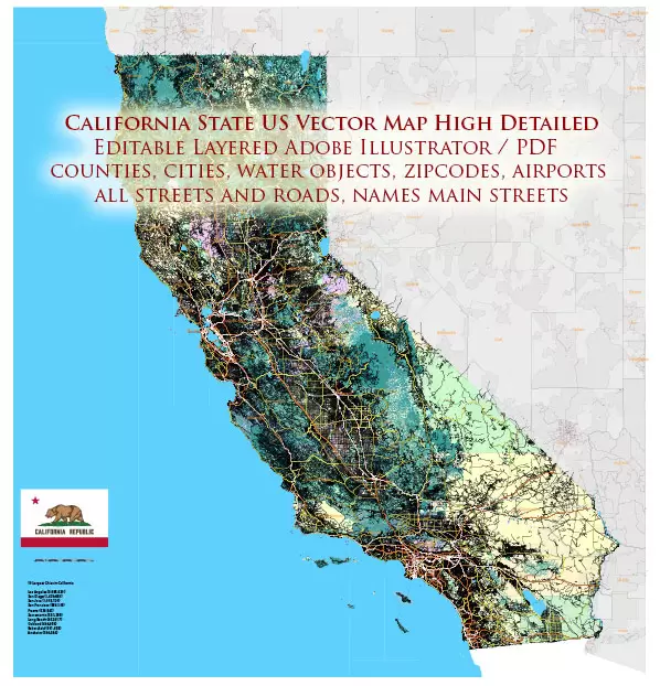 California State US Map Vector Exact Roads Plan High Detailed Street Map + Counties + Zipcodes editable Adobe Illustrator in layers