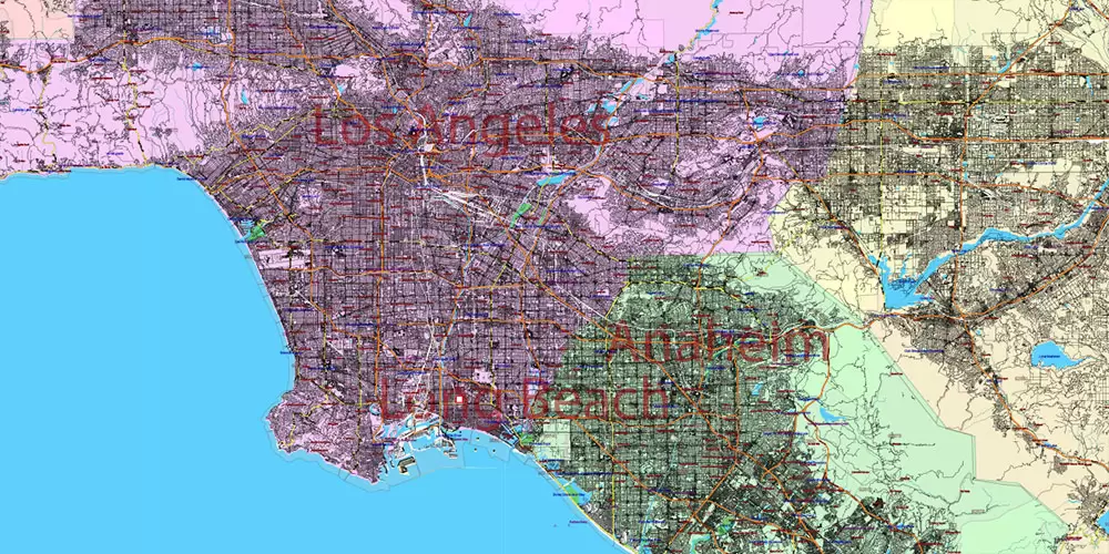 California State US PDF Vector Map: Exact Roads Plan High Detailed Street Map + Counties + Zipcodes editable Adobe PDF in layers