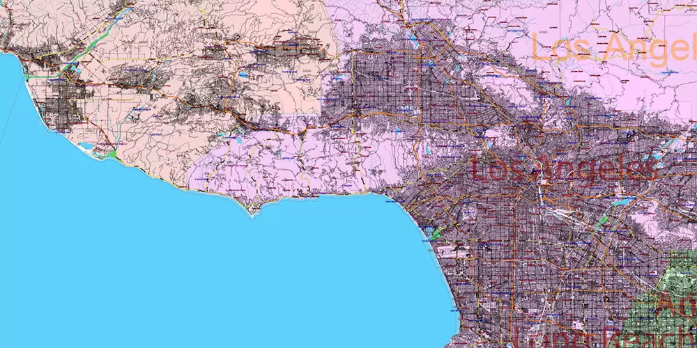 California State US PDF Vector Map: Exact Roads Plan High Detailed Street Map + Counties + Zipcodes editable Adobe PDF in layers