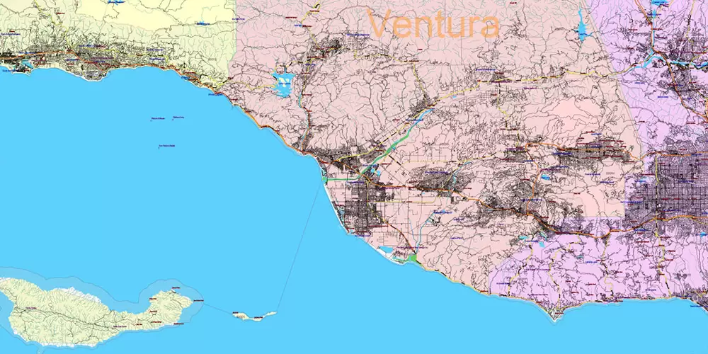 California State US PDF Vector Map: Exact Roads Plan High Detailed Street Map + Counties + Zipcodes editable Adobe PDF in layers