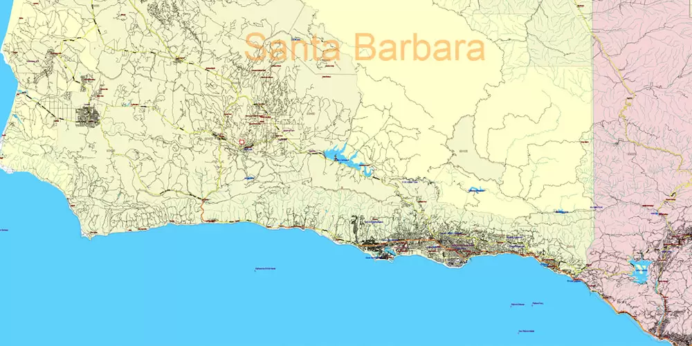 California State US PDF Vector Map: Exact Roads Plan High Detailed Street Map + Counties + Zipcodes editable Adobe PDF in layers