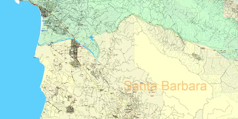 California State US PDF Vector Map: Exact Roads Plan High Detailed Street Map + Counties + Zipcodes editable Adobe PDF in layers